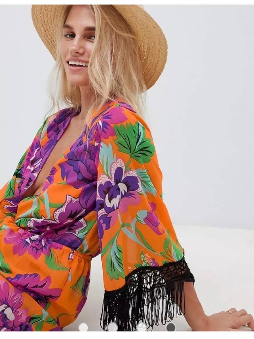 ASOS Floral Orange Romper with Fringe